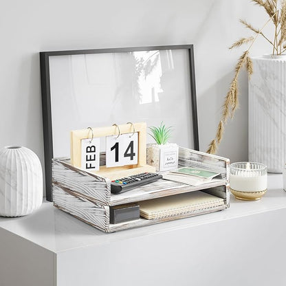 DRASTAR Paper Organizer for Desk, Wood Stackable Paper Tray, Office Desk Organizers & Accessories, Letter Tray Retro White