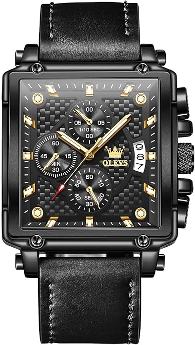 OLEVS Men's Chronograph Leather Watch, Big Face Easy to Read Analog Quartz Dress Watch, Casual Waterproof Luminous Hands Date Watches for Men, White/Blue/Black/Gold Dial