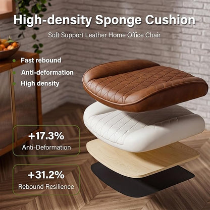 Brown Leather Office Desk Chair with Wheels, Quiet Casters, Height Adjustable, Padded Arms, Vintage Mid Century Office Chair, Retro Style Desk Chair