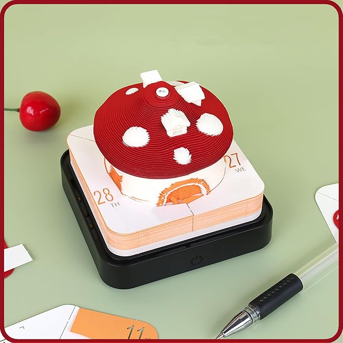 3D Time Piece Calendar 2026 DIY Calendars Tear Away Carving Art 3D Memo Pad Calendar With LED Lights sculpture artsy pads calendar notepad for Desktop Decor-Red Mushroom House