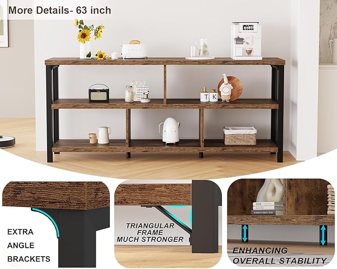 IBF Bookshelf, Farmhouse 63” Long Open Book Shelf, Wood Metal 5 Cube Bookcase for Living Room, Low Horizontal Bookshelf for Bedroom, Wide Cubby Storage Organizer for Home Office, Rustic Brown, 63 Inch
