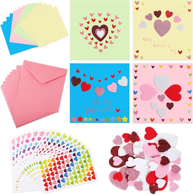 Zonon 16 Pack Valentines Crafts DIY Card Valentines's Day Kits Foam Heart Sticker Craft DIY Kits Envelopes Cards Set for Exchange Gifts (Colorful)