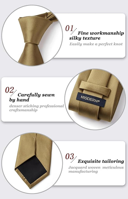 HISDERN Mens Solid Color Ties Formal Satin Necktie and Pocket Square Set Classic Wedding Business Tie & Handkerchief