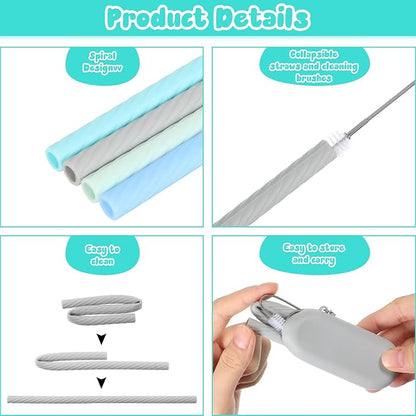 Meanplan 4 Sets Cruise Ship Essentials,4 Set Silicone Straws with Case Reusable Silicone Portable Drinking Straw Set for Party Travel Cold or Hot with 4 Carry Case, 4 Cleaning Brushes (Fresh Color)