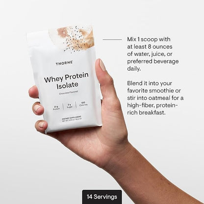 THORNE - Whey Protein Isolate - 21 Grams of Easy-to-Digest Whey Protein Powder - NSF Certified for Sport - Chocolate - 14.79 Ounces - 14 Packets