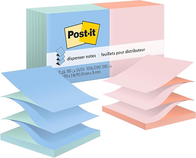 Post-it Pop-up Notes, 3x3 in, 12 Pads, America's #1 Favorite Sticky Notes, Assorted Pastel Colors, Clean Removal, Recyclable (R330-U-ALT) (Pack of 12)