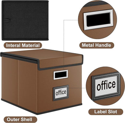 Huolewa Faux Leather File Organizer Box with Lid, Collapsible Hanging File Folder Box Organizer with Plastic Slides, Decorative Home/Office Filing System Boxes for File and Folder Storage-Brown