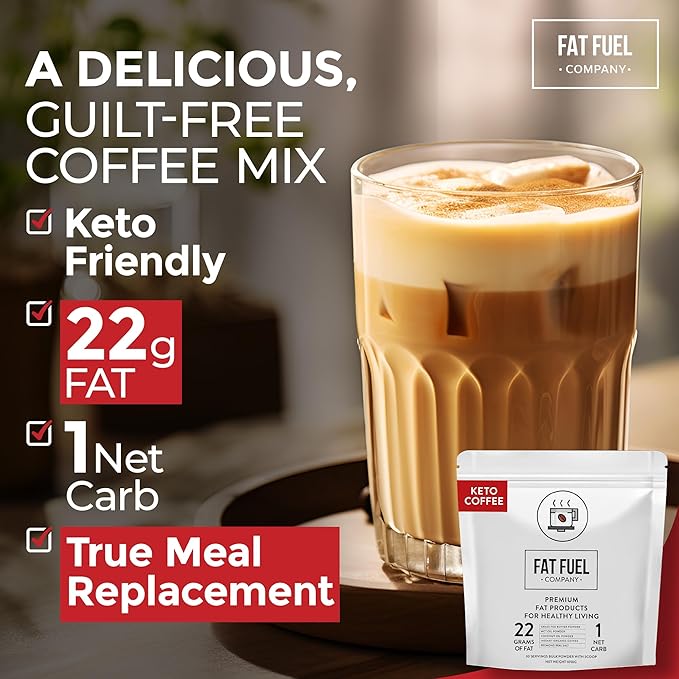 FAT FUEL Keto Coffee 22g Premium Fats - With Grass Fed Butter, MCT Oil, Coconut & Redmond Real Salt - Instant Organic Coffee, One Net Carb, A True Meal Replacement - 30 Bulk Powder Servings