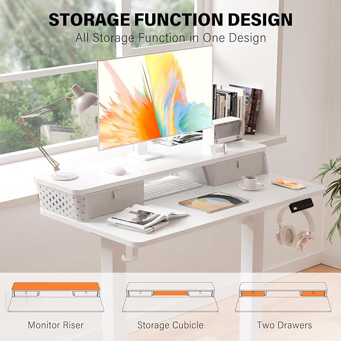 Electric Standing Desk with 2 Drawers 40''x 24'' Small Adjustable Height Sit to Stand Up Desk with Storage Shelf, C-Clamp Mount Compatible White Home Office Desks Computer Desk Ergonomic Workstation
