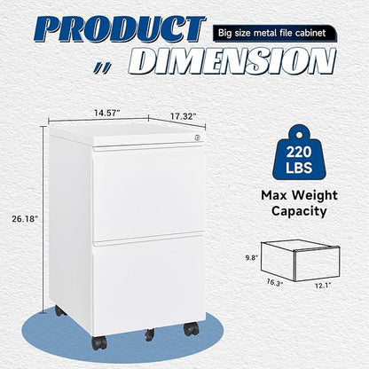 2 Drawers Vertical File Cabinet - Fully Assembled White Under Desk Mobile Filling Cabinet Small Lockable Home Office File Cabinets for A4/Letter/Legal Size