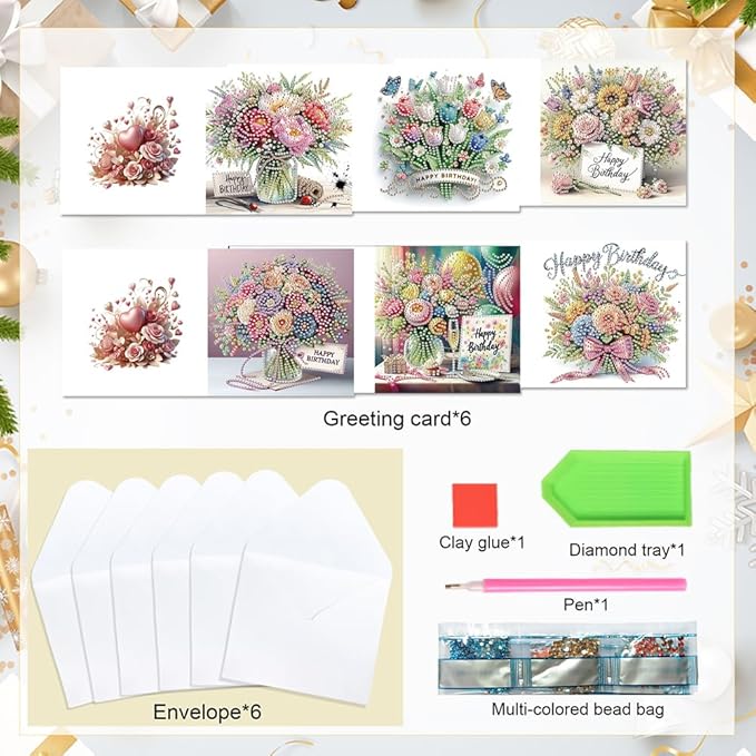 6PCS Diamond Art Painting Greeting Card Set, Bouquet Pattern DIY Cards with Envelopes for Xmas Birthdays Special Occasion Blessing