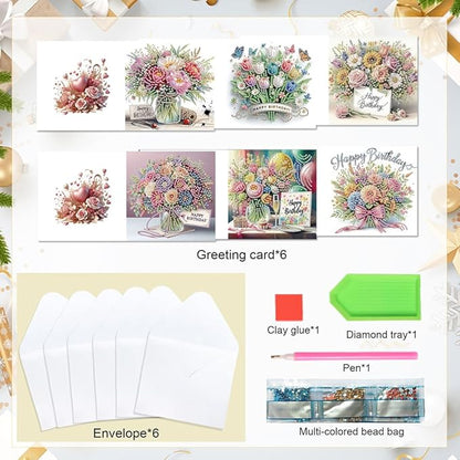6PCS Diamond Art Painting Greeting Card Set, Bouquet Pattern DIY Cards with Envelopes for Xmas Birthdays Special Occasion Blessing