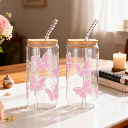 Butterfly Cute Glass Cups with Lids and Straws, Aesthetic Iced Coffee Cup, Girly Preppy Design Tumbler Mug, Birthday, Valentines, Teen Girl Gifts Trendy Stuff