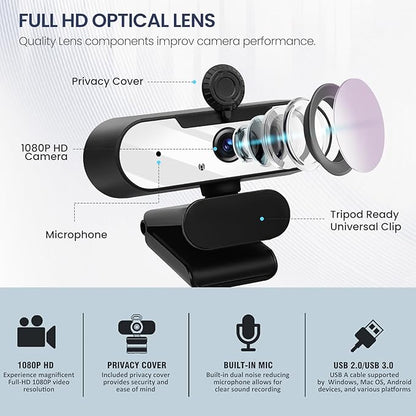 USB HD 1080P Video Webcam and Wide Angle Camera with Built-in Microphone and Rotatable Tripod,for Laptop Computer or Desktop PC,Great for Live Streaming.Calls.Video Conferencing -1 (White)