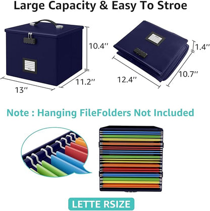 Navy blue Fire Proof File Box for Documents - Portable Fireproof Document Organizer Box with Handle Waterproof Safe Locking Folder Storage with Lid