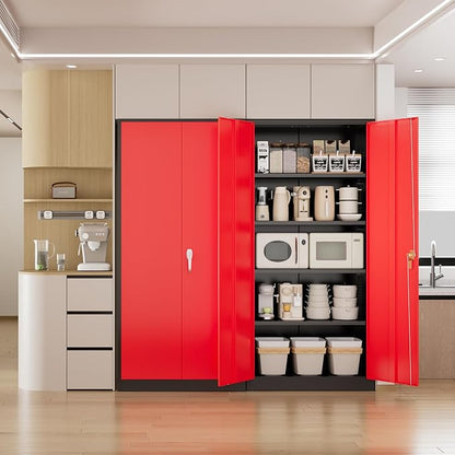 Pataku Metal Storage Cabinet, 71" Garage Cabinet with Doors and Shelves Lockable Steel Multifunctional Cabinets, File Cabinets for Home, Office, Warehouse(Black Red)