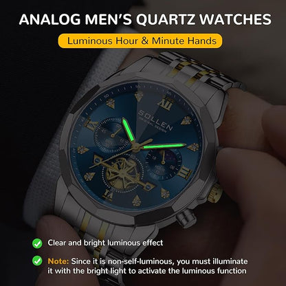 SOLLEN Mens Luxury Watches, Analog Quartz Chronograph Watches for Men, Stainless Steel Watch with Moon Phase, 30M Waterproof Wrist Watch for Men,Business Dress Classic Elegant Work Watch Gifts for Man