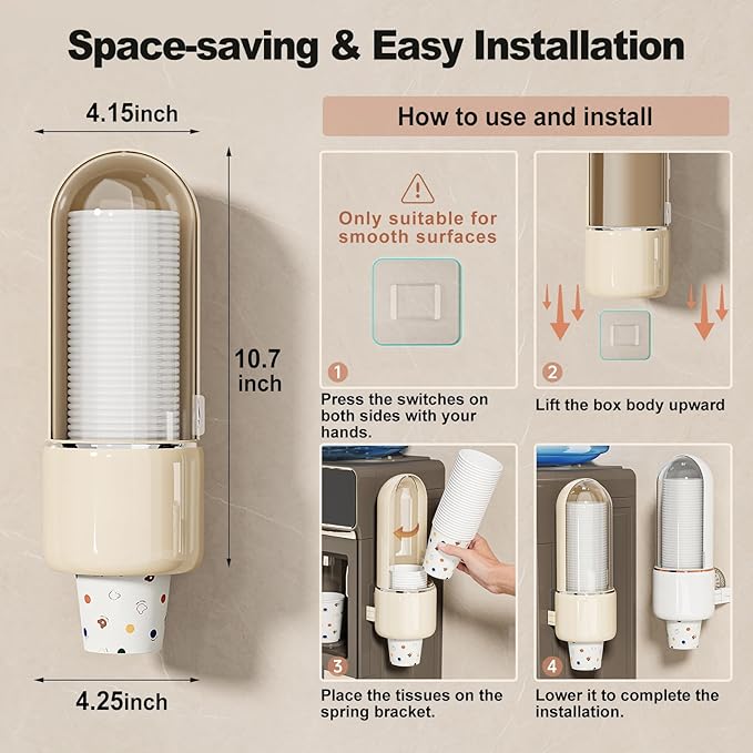 Wall Mount Bathroom Cup Dispenser - Pull Type Water Cooler Cup Holder for 5oz-9oz Disposable Paper and Plastic Cups, Adhesive Install, Wall Mounted Coffee Dispenser for Home, Office, Gym