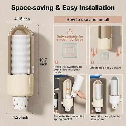 Wall Mount Bathroom Cup Dispenser - Pull Type Water Cooler Cup Holder for 5oz-9oz Disposable Paper and Plastic Cups, Adhesive Install, Wall Mounted Coffee Dispenser for Home, Office, Gym