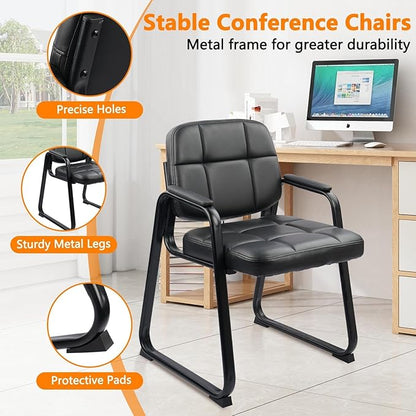 CLATINA Waiting Room Guest Chair with Bonded Leather Padded Arm Rest for Office Reception and Conference Desk Black with Sled Base 6 Pack