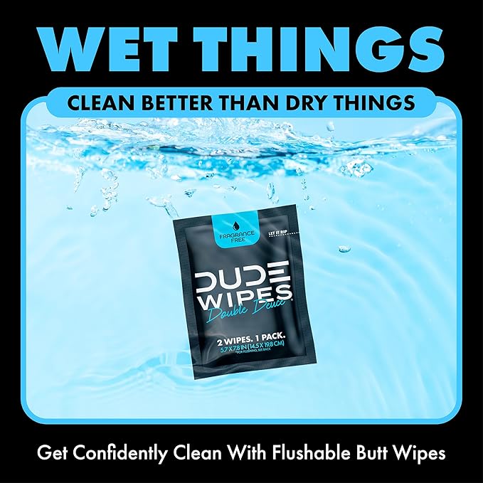 DUDE Wipes - Double Deuce - Two-In-One On-The-Go Flushable Wipes - 2 Pack, 80 Count - Unscented Extra-Large Individually Wrapped with Vitamin E & Aloe - Septic and Sewer Safe