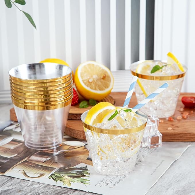Nervure 120PCS Gold Plastic Cups - 9Oz Gold Rimmed Plastic Cups - Heavy Duty Disposable Clear Cup with Gold Rim Perfect for Weddings, Receptions & Parties