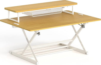 SHW 36-Inch Over Desk Height Adjustable Standing Desk with Monitor Riser, Oak