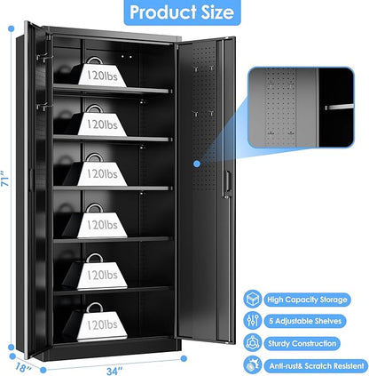 Metal Storage Cabinet, 71" H×34" W×18" D Garage Storage Cabinet with Pegboard, 5 Adjustable Shelves and 2 Doors for Garage Home Office, Lockable File Cabinet, Black, Assembly Required