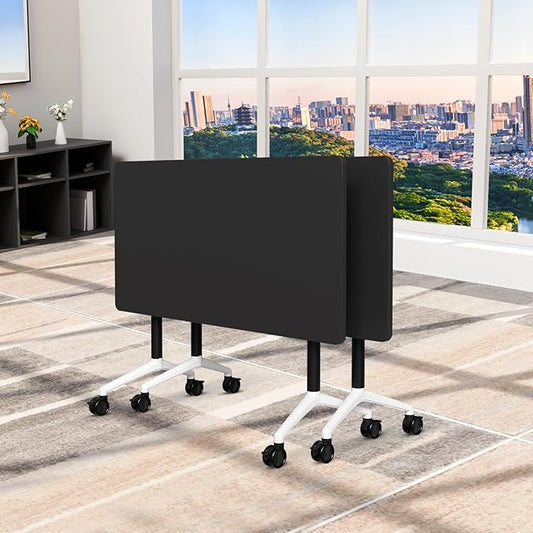 Folding Conference Table, Conference Room Tables Foldable Large Meeting Seminar Table on Wheels,Flip Top Boardroom Training Tables for Office, Classroom,Meeting (2, Black, 47.2in)