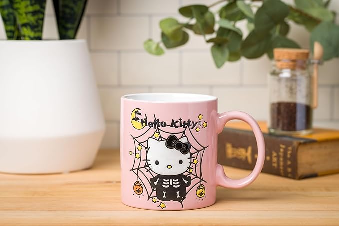 Silver Buffalo Sanrio Hello Kitty Halloween Skeleton Web Wax Resist Ceramic Mug, 20 Ounces