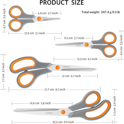 Scissors Set of 4, Premium Stainless Steel Razor Blades, Ergonomic Semi-Soft Rubber Grip, Suitable for School, Office and Family Daily Use, 9.6''/8.5''/6.4"/5.4", Orange&Gray