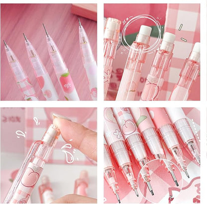 Cute Pink Coquette Peach Mechanical Pencil Set Include 8Pcs Kawaii Mechanical Pencils,2 Tubes Mechanical Pencil Lead Refills,2Pcs Erasers,for Office School Supplies