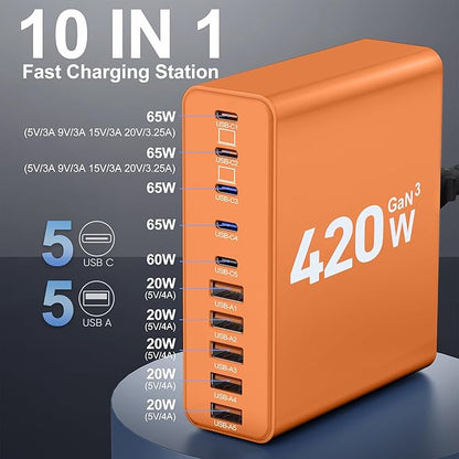420W USB C Charger Block,10-Port Charging Station GaN Fast Charging Type C & USB A Wall Charger Adapter for MacBook Pro/Air,iPhone,iPad,Dell XPS,Samsung Galaxy(Orange)