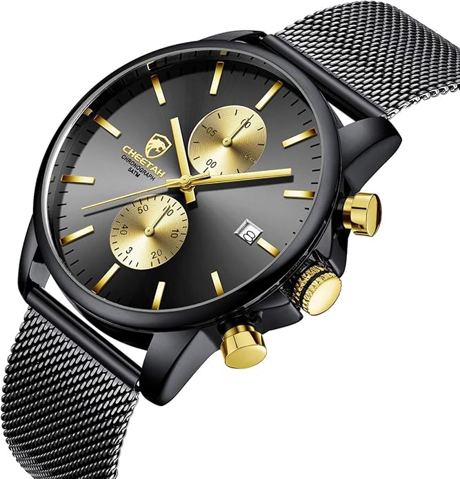 GOLDEN HOUR Mens Watch Fashion Sleek Minimalist Quartz Analog Mesh Stainless Steel Waterproof Chronograph Watches for Men with Auto Date