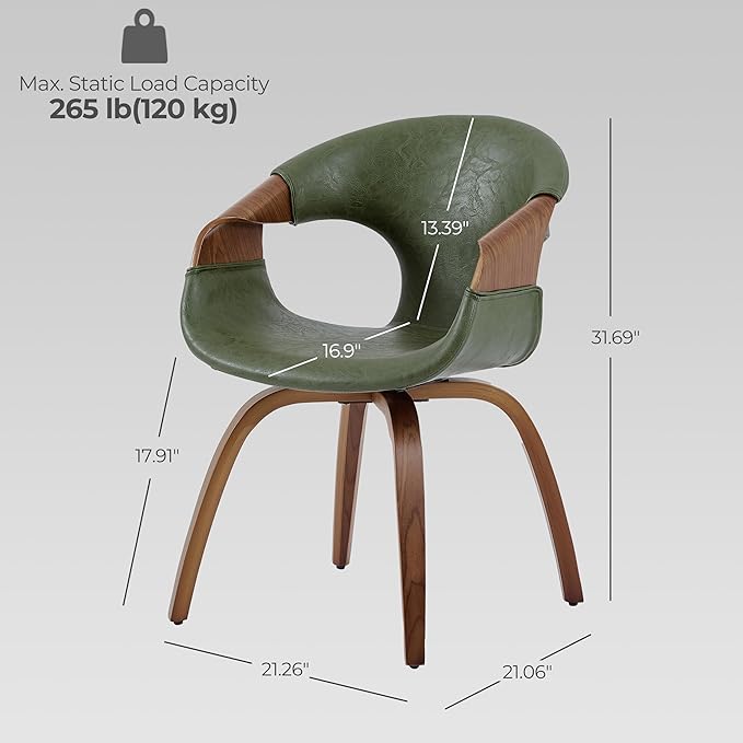 Art Leon Desk Chair No Wheels, Mid Century Modern Office Chair, Faux Leather Upholstered Swive Chair with Wood Legs for Living Room Bedroom, Walnut Bentwood, Green/Walnut