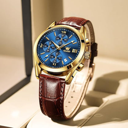OLEVS Men's Chronograph Leather Watch, Big Face Easy to Read Analog Quartz Dress Watch, Casual Waterproof Luminous Hands Date Watches for Men, White/Blue/Black/Gold Dial