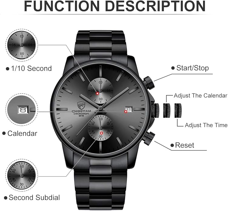 GOLDEN HOUR Fashion Business Mens Watches with Stainless Steel Waterproof Chronograph Quartz Watch for Men, Auto Date