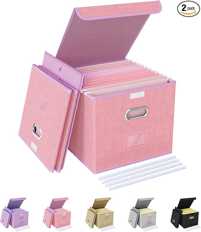 Oterri 2 Pack File Organizer Box,File Box,Small File Cabinet for Letter Folders,Pink Portable Filing Box,Hanging File Folder Organizer with Lid for Office/Decor/Home- without Folders
