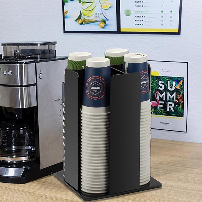 Tirifer Cup and Lid Holder, Coffee Cup Dispenser, Acrylic Cup Storage Organizer, Disposable Paper Cup Storage Holder with 4 Compartments for Countertop Coffee Station Bar Restaurant, Black