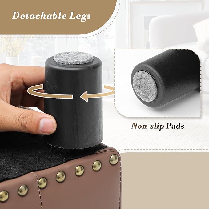 Athena Collection Small Ottoman Foot Rest with Legs, PU Leather Ottoman Foot Stool with Soft Padded seat, Square Footstool FootRest for Living Room, Bedroom, Office, Brown