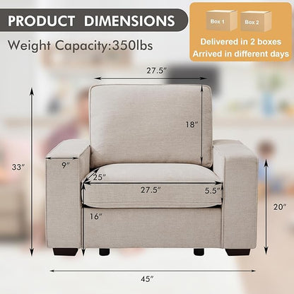 TEKAMON 45" Accent Chair with Seat Storage, Oversized Wide Single Sofa Chair, Modern Chenille Fabric Armchair for Living Room/Office with Wide Armrests, Side Pockets，USB Port, Washable Covers(1P)