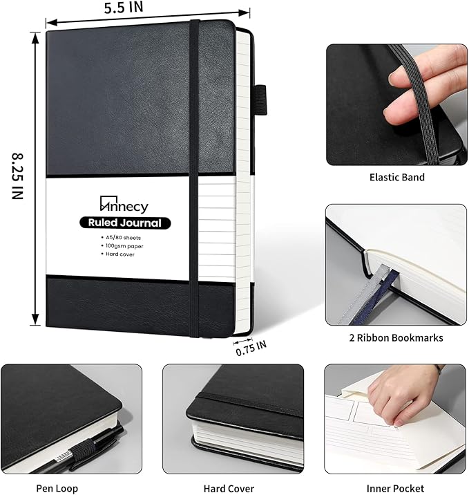 Annecy Lined Journal Notebook, Hardcover Leather Journal for Women & Men, 160 Numbered Pages, Medium 5.5" x 8.25", 100 GSM Thick Paper, Black
