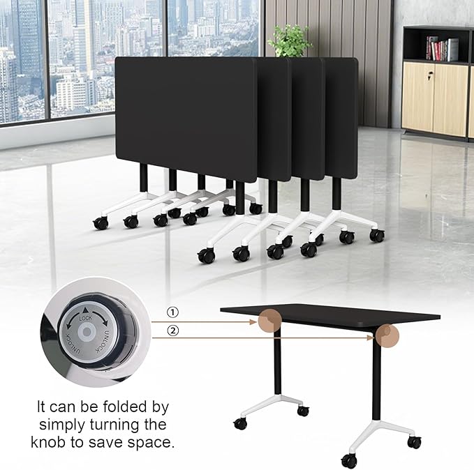 Folding Conference Table, Conference Room Tables Foldable Large Meeting Seminar Table on Wheels,Flip Top Boardroom Training Tables for Office, Classroom,Meeting (12, Black, 47.2in)