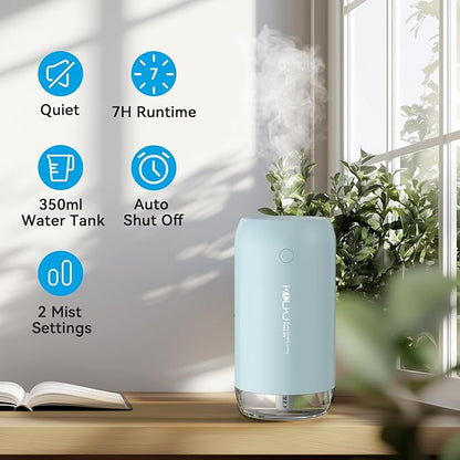 Portable Mini Humidifier, KQLKJ 350ml Small Cool Mist Humidifiers, USB Personal Desktop Humidifier for Bedroom Car Office Travel with Auto Shut-Off & 2 Mist Modes (Blue)