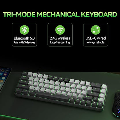 TMKB T68 60% Wireless Mechanical Gaming Keyboard, Tri-Mode BT5.0/2.4GHz/USB-C with Blue Switch, RGB Backlight, Anti-Ghosting, Compact 68 Keys, Wired/Wireless, Black/Gray