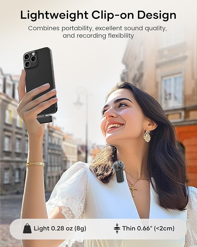 Wireless Lavalier Microphone with Charging Case, 36H Battery Life, Noise Cancellation, 135ft Range, Plug-and-Play Clip-On Mic for iPhone, iPad, Android, YouTube, Vlog, Live Streaming