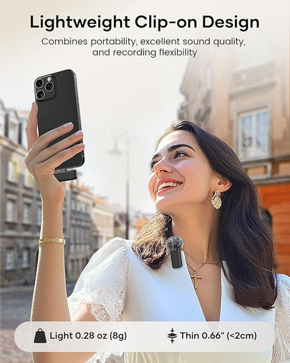Wireless Lavalier Microphone with Charging Case, 36H Battery Life, Noise Cancellation, 135ft Range, Plug-and-Play Clip-On Mic for iPhone, iPad, Android, YouTube, Vlog, Live Streaming