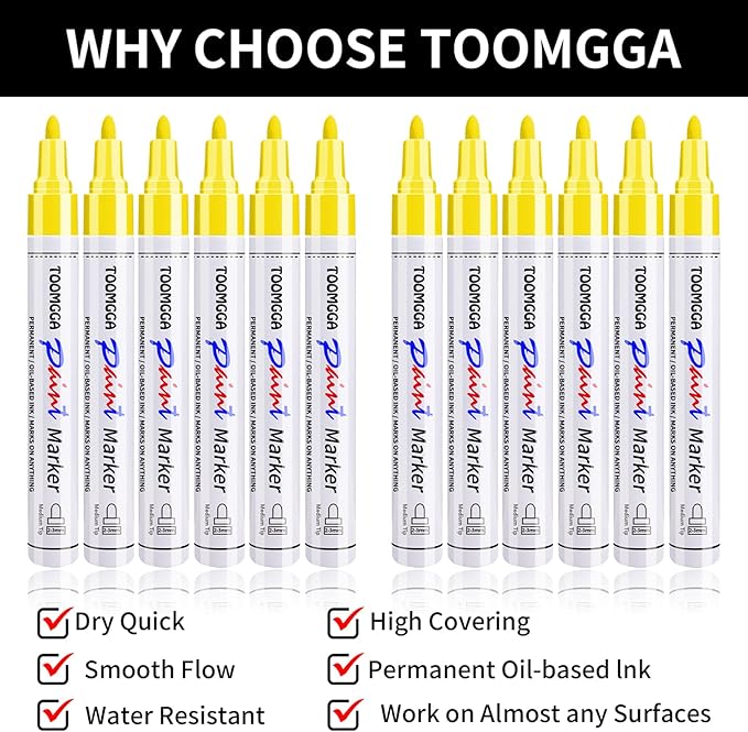 Yellow Permanent Paint Pens Paint Markers - 12 Pack Oil Based Markers, Quick Drying and Waterproof Marker Pen, Car Tire, Metal, Rock Painting, Wood, Ceramic, Plastic, Canvas, Mugs, Medium Tip