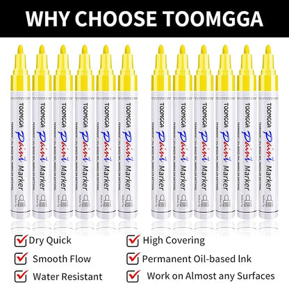 Yellow Permanent Paint Pens Paint Markers - 12 Pack Oil Based Markers, Quick Drying and Waterproof Marker Pen, Car Tire, Metal, Rock Painting, Wood, Ceramic, Plastic, Canvas, Mugs, Medium Tip