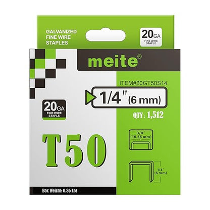 meite Heavy Duty Staples, 1/4 Inch Length T50 Staples for Staple Gun, Galvanized, 20 Gauge 3/8 Inch Crown, Compatible with T50 Staple Gun, Ideal for Upholstery, Construction, Furniture (1,512 Counts)
